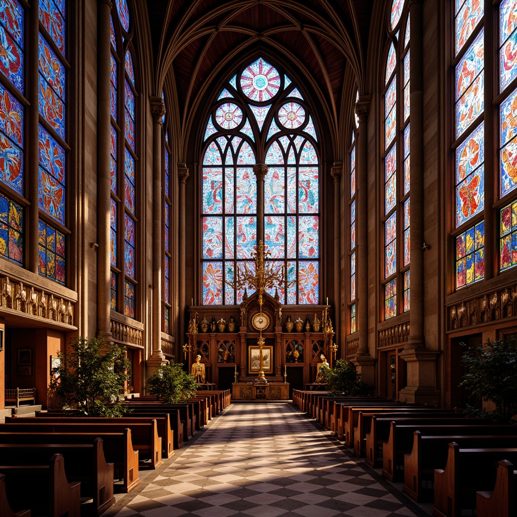 Prompt: Vibrant stained glass windows, kaleidoscopic colors, intricate geometric patterns, Gothic Revival architecture, grand cathedrals, ornate facades, mystical ambiance, filtered natural light, warm golden hues, rich textures, luxurious materials, ornamental details, historic landmarks, spiritual sanctuaries, serene atmosphere, soft diffused lighting, 1/1 composition, symmetrical framing, realistic reflections, ambient occlusion.