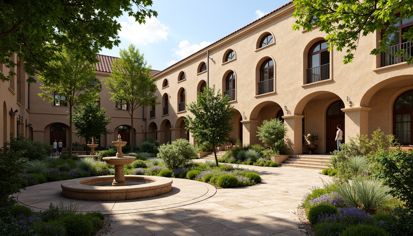 Prompt: Rustic school courtyard, lush greenery, vibrant flowers, meandering stone pathways, ornate fountains, grand entrance archways, Romanesque-style buildings, warm beige stonework, curved column details, arched windows, decorative metalwork, soft warm lighting, shallow depth of field, 3/4 composition, panoramic view, realistic textures, ambient occlusion, natural stone benches, verdant trees, blooming shrubs, sunny day, clear blue sky.