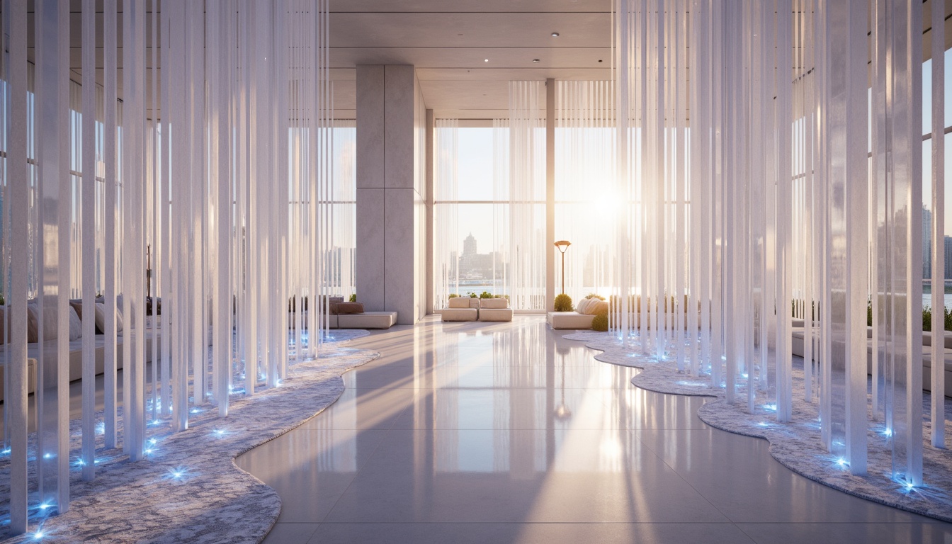 Prompt: Ethereal atmosphere, soft diffused light, delicate translucent fabrics, iridescent glass surfaces, shimmering crystal prisms, luminous LED installations, futuristic architecture, sleek minimalist design, subtle color gradients, ambient occlusion, misty morning dew, gentle warm glow, 1/1 composition, realistic reflections, high-key lighting.