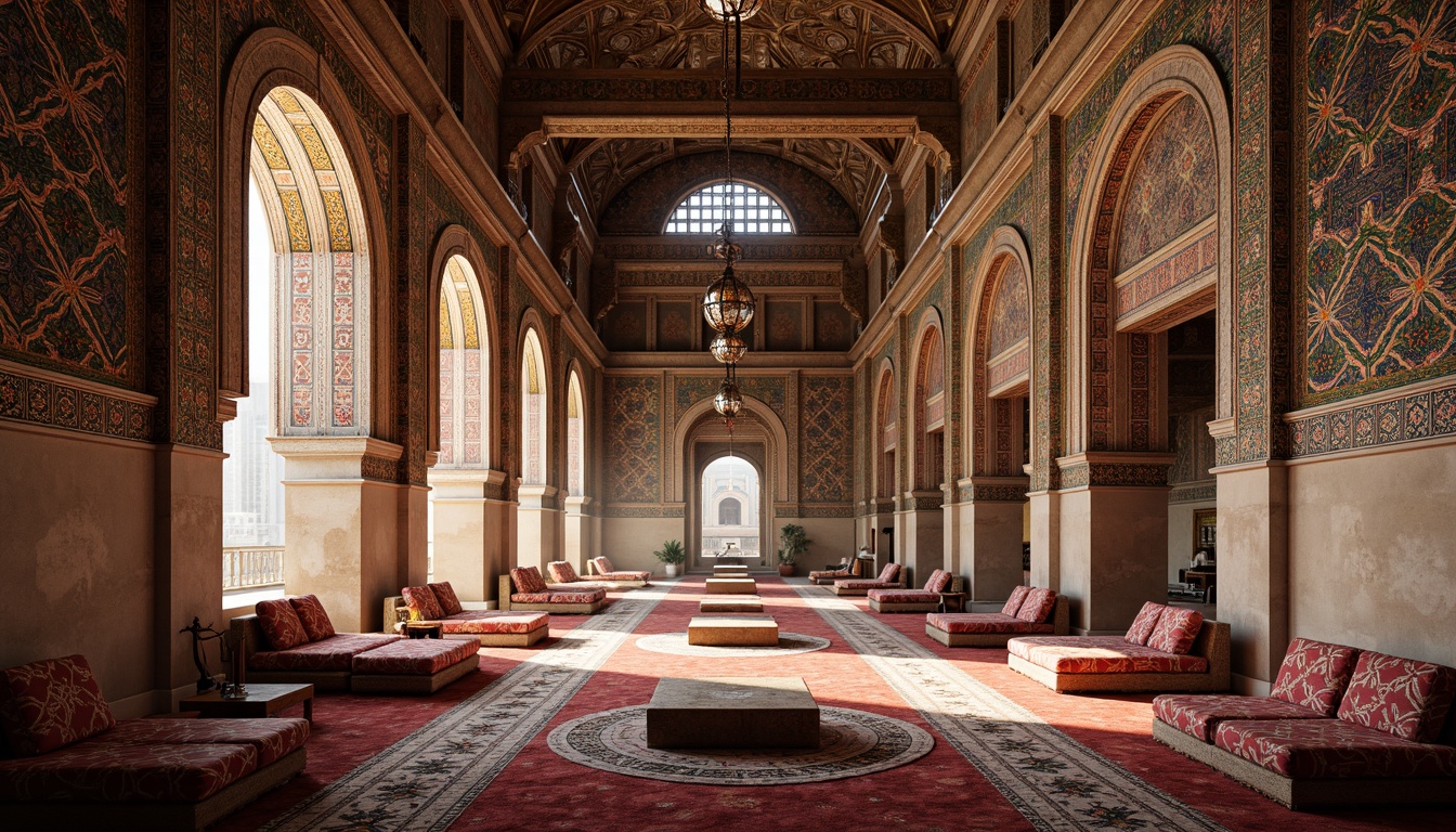 Prompt: Vibrant Islamic-inspired architecture, intricate geometric motifs, colorful tile work, ornate archways, grand domes, luxurious textiles, opulent furnishings, richly patterned rugs, majestic columns, symmetrical compositions, precise 1/1 perspective, dramatic chiaroscuro lighting, high-contrast rendering, photorealistic materials, ambient occlusion, detailed normal maps.