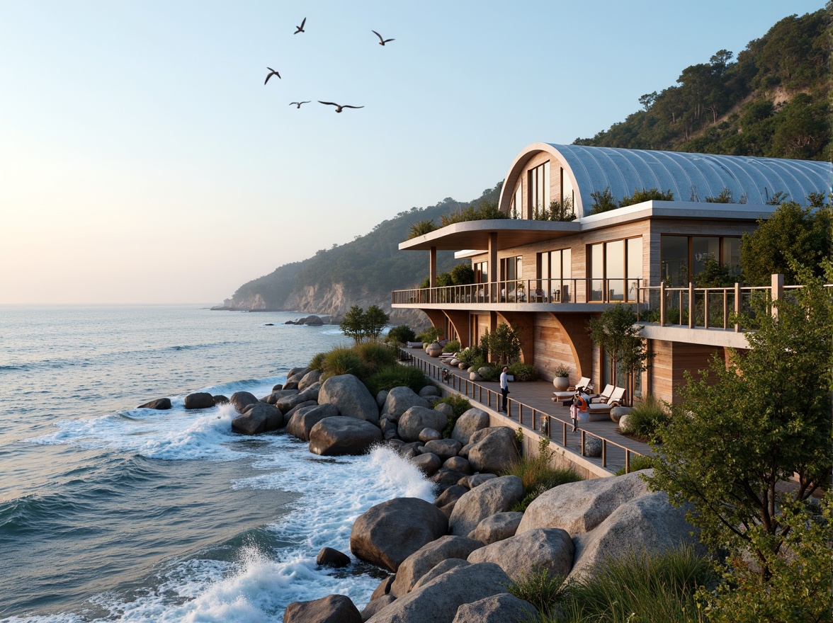 Prompt: Wave-crashing coastal scenery, salty air, seagulls flying overhead, modern beachside architecture, curved rooflines, wind-resistant designs, corrugated metal roofs, rustic wooden shingles, solar panels, green roofs, living walls, ocean-inspired color schemes, weathered wood accents, large overhangs, cantilevered roofs, dramatic ocean views, soft warm lighting, 1/1 composition, realistic textures, ambient occlusion.