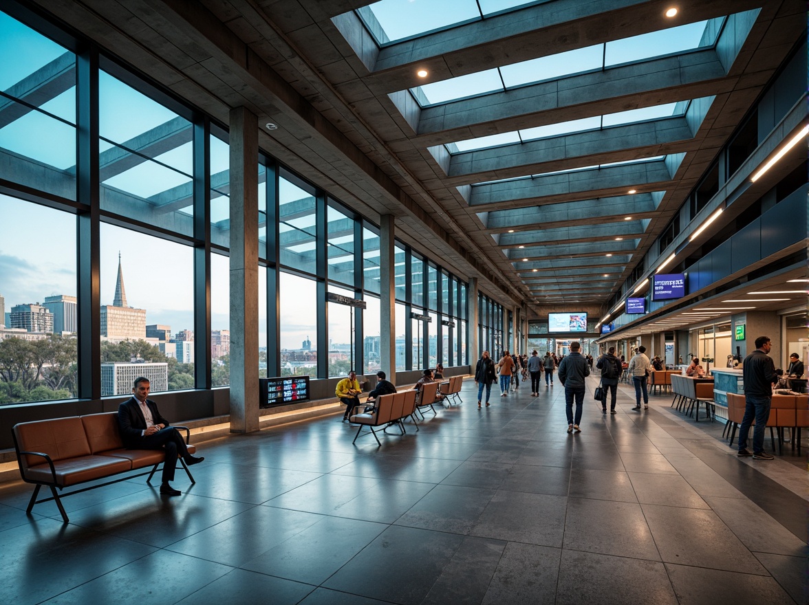 Prompt: Modern metro station interior, sleek glass ceilings, stainless steel columns, polished granite floors, vibrant LED lighting, comfortable seating areas, futuristic digital displays, clear signage systems, efficient crowd control measures, spacious platforms, natural stone walls, urban cityscape views, rush hour atmosphere, warm color tones, shallow depth of field, 1/2 composition, realistic textures, ambient occlusion.