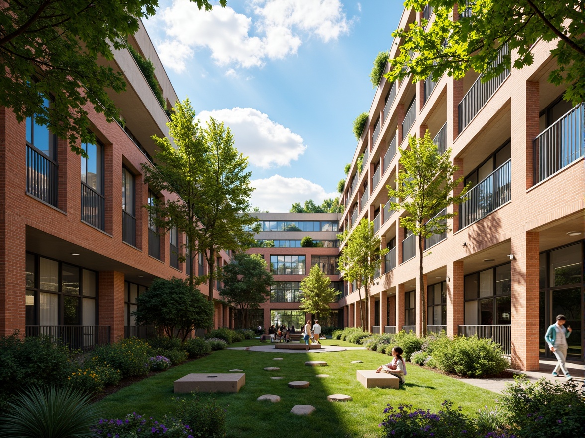 Prompt: Vibrant university campus, lush greenery, abundant natural light, floor-to-ceiling windows, open atriums, clerestory roofs, skylights, solar tubes, modern academic architecture, brick buildings, wooden accents, educational signage, collaborative learning spaces, comfortable seating areas, soft warm lighting, shallow depth of field, 3/4 composition, panoramic view, realistic textures, ambient occlusion.