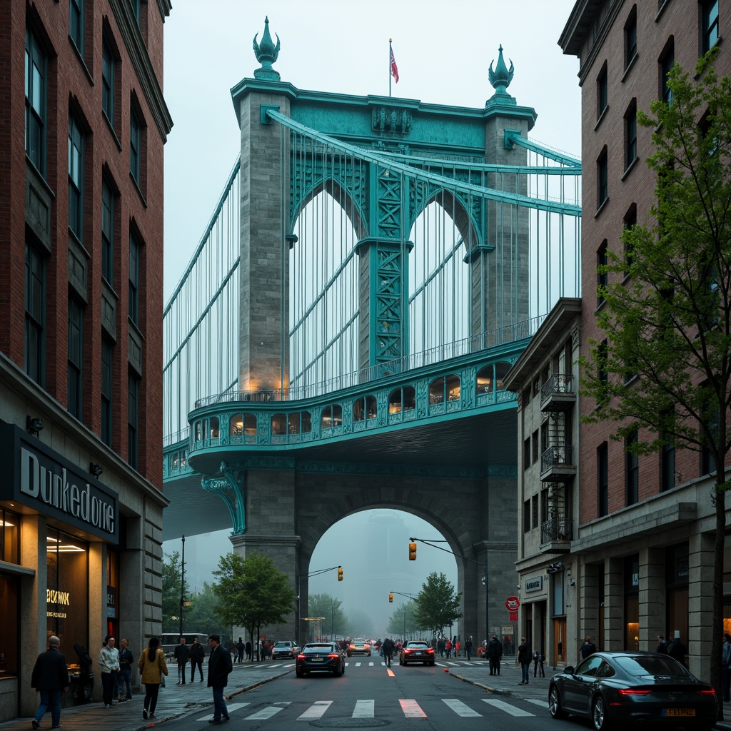 Prompt: Eclectic bridge architecture, ornate ironwork, Gothic-inspired arches, vibrant turquoise accents, rugged stone foundations, intricate cable patterns, suspension cables, grandiose entranceways, asymmetrical composition, dramatic lighting effects, misty atmosphere, soft focus, 1/2 composition, cinematic perspective, detailed textures, ambient occlusion.