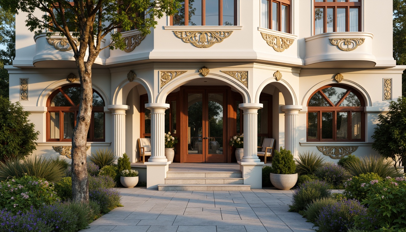 Prompt: Whimsical clinic facade, ornate Victorian details, soft pastel colors, delicate filigree patterns, grand entrance archways, elegant columns, intricate stonework, lush greenery, blooming flowers, natural stone walls, stained glass windows, warm golden lighting, shallow depth of field, 1/2 composition, romantic atmosphere, realistic textures, ambient occlusion.