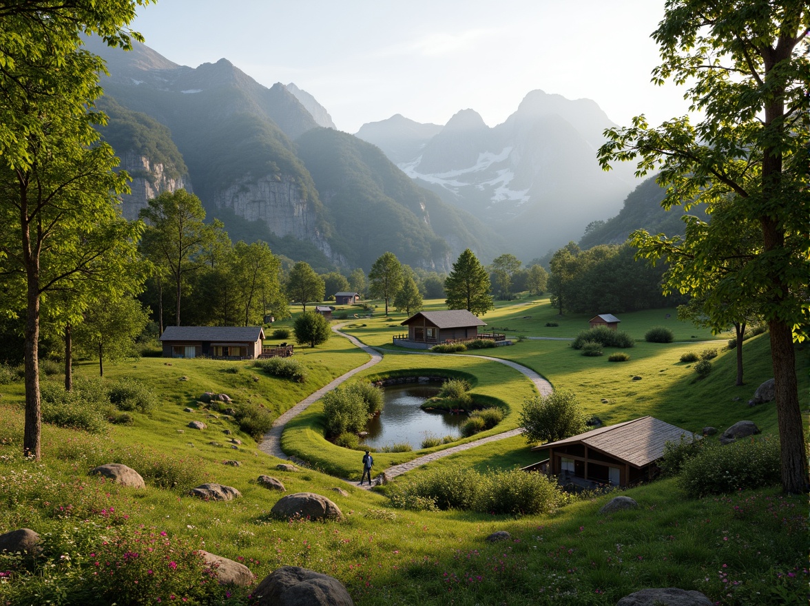 Prompt: Serene natural scenery, lush greenery, gentle slopes, winding pathways, rustic stone walls, wooden fences, vibrant wildflowers, soothing water features, tranquil ponds, reflective lakes, majestic mountain ranges, soft misty atmosphere, warm golden lighting, 3/4 composition, panoramic view, realistic textures, ambient occlusion.