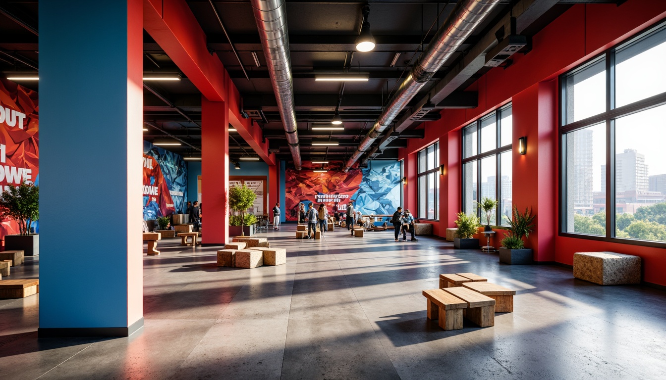 Prompt: Vibrant fitness club, energetic color scheme, bold red accents, calming blue tones, motivational quotes, industrial metal beams, polished concrete floors, modern LED lighting, sleek wooden equipment, dynamic abstract patterns, textured walls, urban cityscape views, morning sunlight, soft shadowing, shallow depth of field, 1/2 composition, realistic reflections, ambient occlusion.