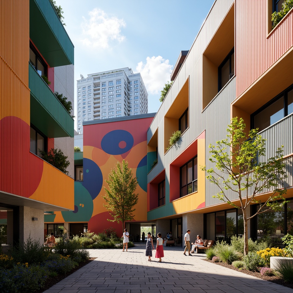 Prompt: Vibrant community center, expressionist architecture, irregular shapes, bold color blocks, dynamic forms, abstract patterns, textured concrete walls, metal cladding, asymmetrical composition, cantilevered roofs, oversized windows, natural light flooding, warm interior ambiance, cozy gathering spaces, urban cityscape, morning sunlight, shallow depth of field, 1/1 composition, realistic materials, ambient occlusion.