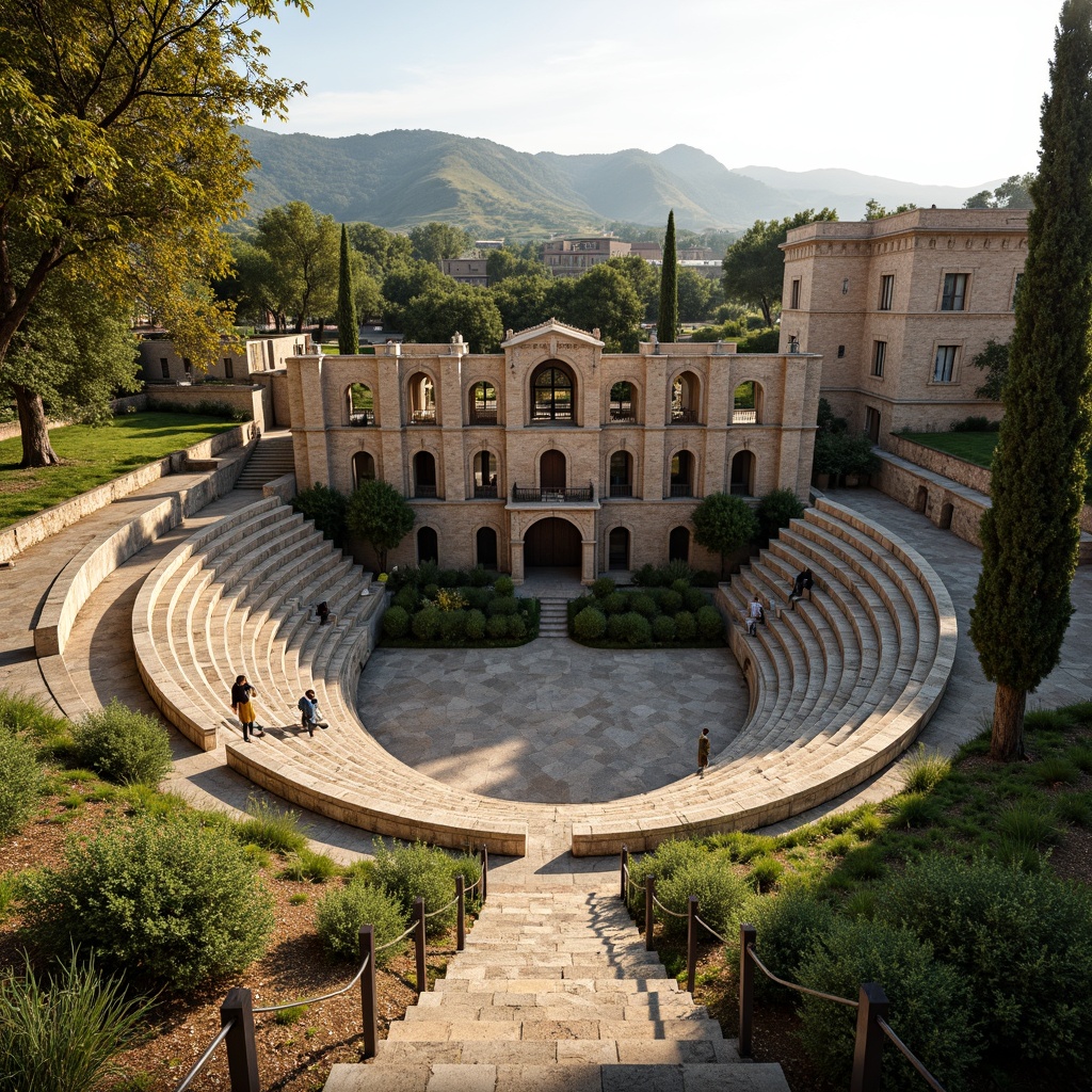 Prompt: Ancient Romanesque amphitheater, lush greenery, natural stone seating, ornate arches, grandiose columns, rustic brick facades, Mediterranean landscape, rolling hills, olive groves, cypress trees, sunny afternoon, warm golden lighting, shallow depth of field, 3/4 composition, panoramic view, realistic textures, ambient occlusion, integrated water features, naturalistic plantings, meandering pathways, scenic overlooks, historic preservation, cultural heritage, rustic charm.