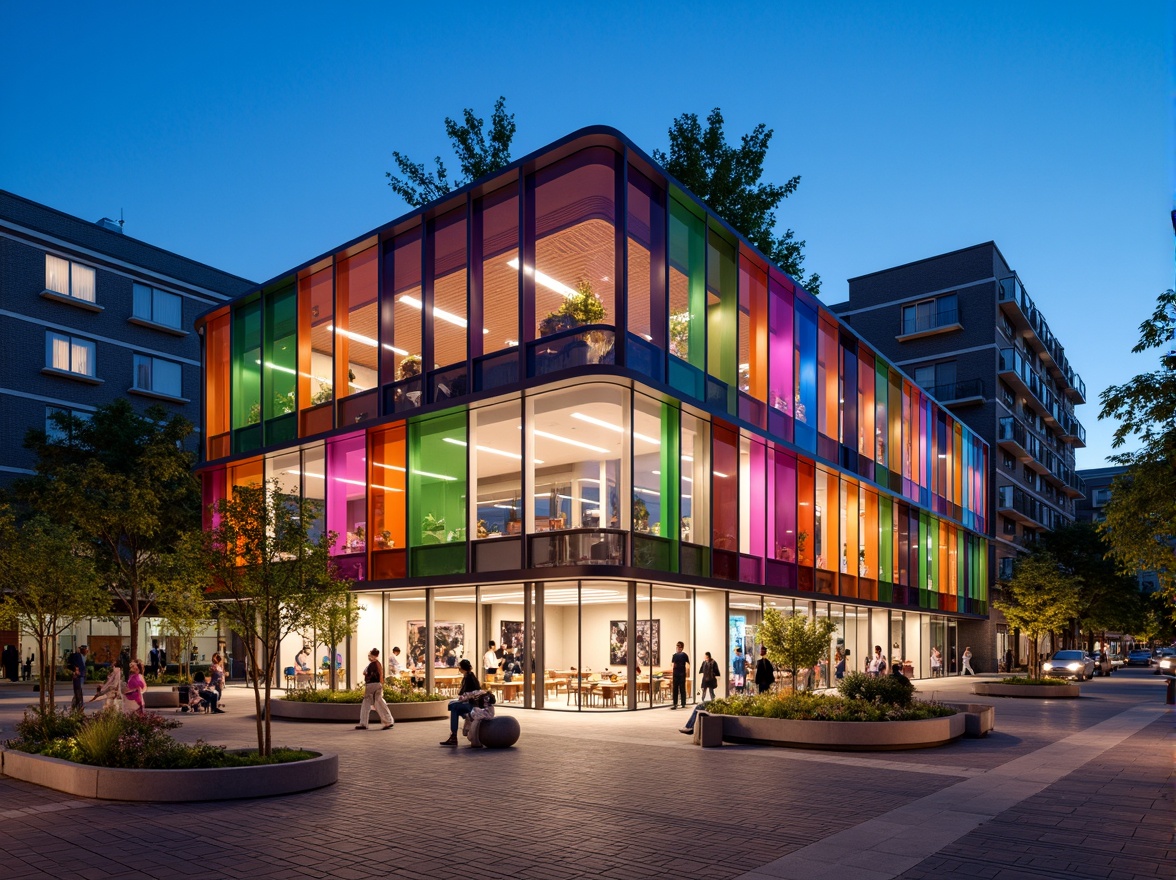 Prompt: Vibrant community center, modern facade design, angular lines, bold color schemes, dynamic LED lighting, cantilevered rooflines, large glass windows, sliding doors, open-air balconies, urban landscape, bustling streets, diverse cultural patterns, eclectic architectural styles, sustainable building materials, green roofs, solar panels, wind turbines, public art installations, interactive exhibits, community gardens, lively street furniture, warm evening ambiance, softbox lighting, shallow depth of field, 2/3 composition, realistic textures, ambient occlusion.