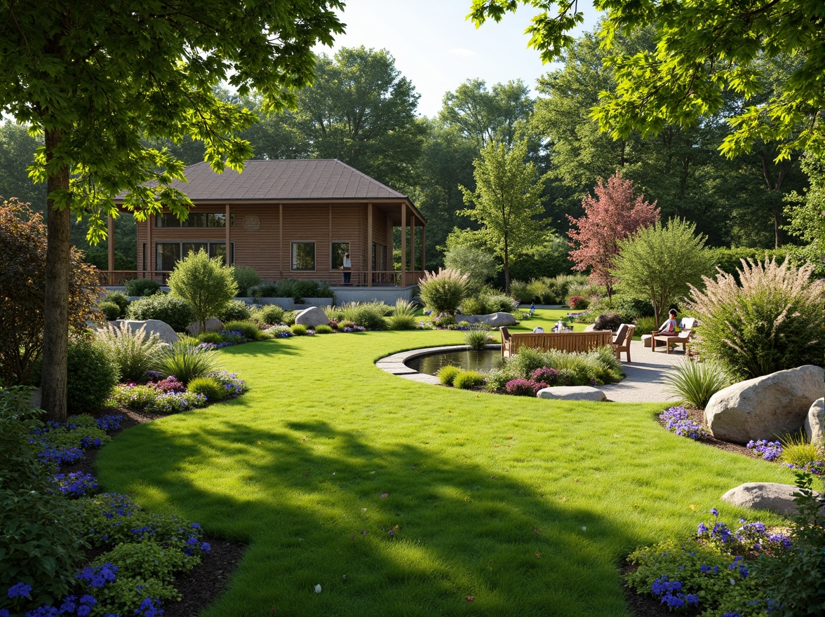 Prompt: Lush green lawn, vibrant flowerbeds, ornamental trees, meandering pathways, rustic stone walls, wooden fences, serene water features, tranquil ponds, colorful garden benches, natural rock formations, blooming shrubs, sunny day, soft warm lighting, shallow depth of field, 3/4 composition, panoramic view, realistic textures, ambient occlusion.