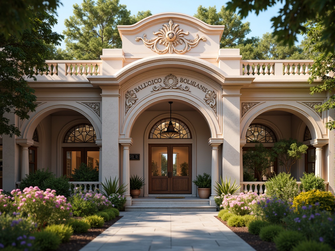 Prompt: Whimsical clinic facade, ornate Victorian details, soft pastel colors, delicate filigree patterns, grand entrance archways, elegant columns, intricate stonework, lush greenery, blooming flowers, natural stone walls, stained glass windows, warm golden lighting, shallow depth of field, 1/2 composition, romantic atmosphere, realistic textures, ambient occlusion.