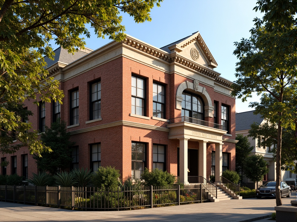 Prompt: Historic courthouse building, ornate brick facade, intricate masonry details, rusticated quoins, arched windows, grand entranceways, columned porticos, ornamental stonework, weathered red brick, ivy-covered walls, lush greenery, mature trees, sunny afternoon, soft warm lighting, shallow depth of field, 3/4 composition, realistic textures, ambient occlusion.