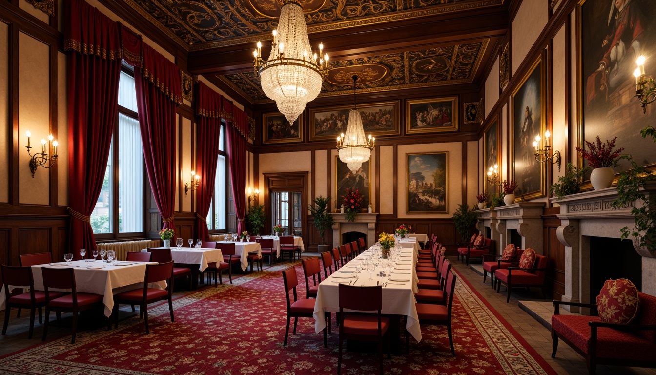 Prompt: Luxurious dining hall, ornate chandeliers, rich velvet drapes, intricately carved wooden furniture, ornamental mirrors, grand stone fireplaces, lavish gold accents, plush crimson carpets, soft warm candlelight, dimly lit atmosphere, Renaissance-inspired paintings, gilded frames, antique vases, fragrant fresh flowers, delicate lace tablecloths, fine china dinnerware, sparkling crystal glassware, intimate seating areas, cozy nooks, lavish upholstery, intricate moldings, baroque patterns, warm earthy tones, soft focus, 1/2 composition, shallow depth of field.