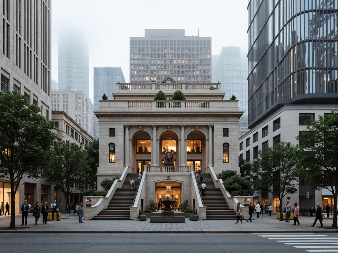 Prompt: Historic courthouse building, neoclassical fa\u00e7ade, grand entrance staircase, ornate columns, rusticated stone walls, symmetrical composition, formal landscaping, urban cityscape, bustling streets, morning fog, soft natural lighting, shallow depth of field, 1/2 composition, realistic textures, ambient occlusion, modern skyscrapers, glass towers, steel beams, pedestrian walkways, civic monuments, vibrant street art, eclectic mix of old and new architecture.