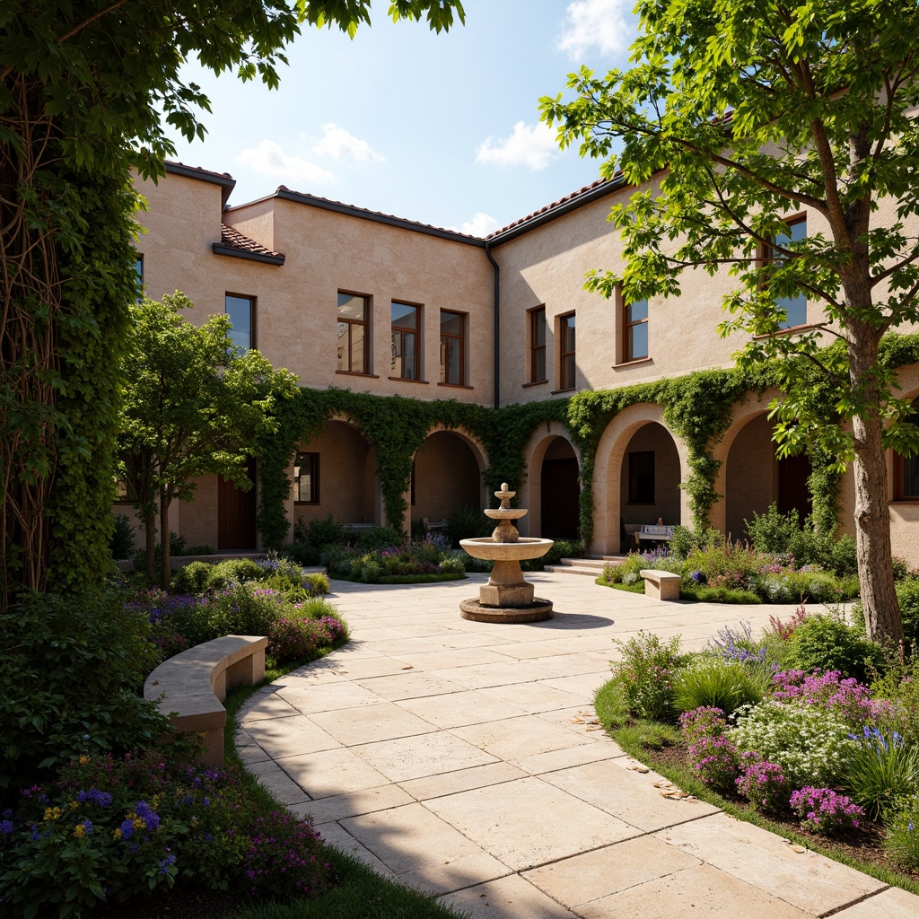 Prompt: Rustic school courtyard, lush ivy-covered walls, vibrant flowerbeds, ornate stone fountains, curved benches, natural stone pathways, arched doorways, Romanesque-style buildings, terracotta rooftops, warm beige stonework, climbing vines, mature shade trees, dappled sunlight, soft warm lighting, shallow depth of field, 3/4 composition, symmetrical framing, realistic textures, ambient occlusion.