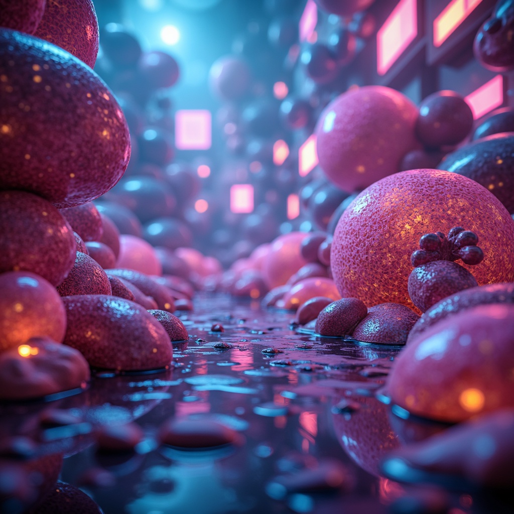 Prompt: Vibrant blob-like structures, iridescent colors, shimmering effects, neon-lit accents, futuristic ambiance, glowing LED lights, translucent materials, glossy finishes, abstract patterns, dynamic shapes, fluid forms, surreal atmosphere, dreamy quality, soft focus, bokeh effect, 1/2 composition, atmospheric perspective, misty lighting, ethereal mood.