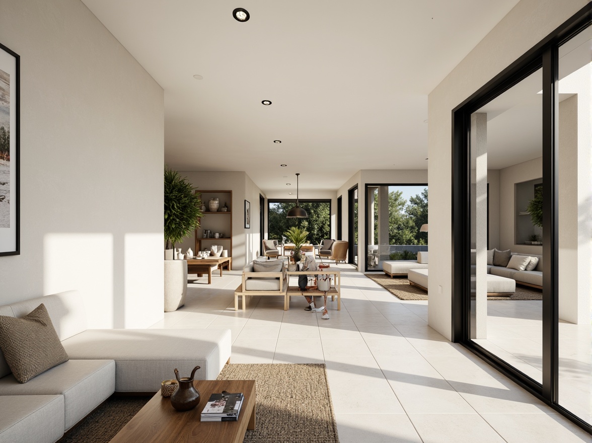 Prompt: Monochromatic modern homes, sleek lines, minimalist aesthetic, neutral color palette, soft whites, creamy beiges, warm grays, taupe accents, matte black trim, polished chrome fixtures, large windows, sliding glass doors, open floor plans, high ceilings, natural textiles, woven fibers, subtle patterns, ambient lighting, soft shadows, 1/1 composition, realistic renderings, detailed materials.