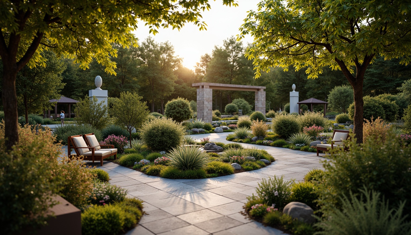 Prompt: Serene garden oasis, lush greenery, vibrant flowers, ornate fountains, meandering pathways, natural stone walkways, rustic wooden benches, modern sculptures, ambient outdoor lighting, warm sunset colors, soft focus blur, 1/2 composition, intimate framing, realistic textures, subtle atmospheric effects.