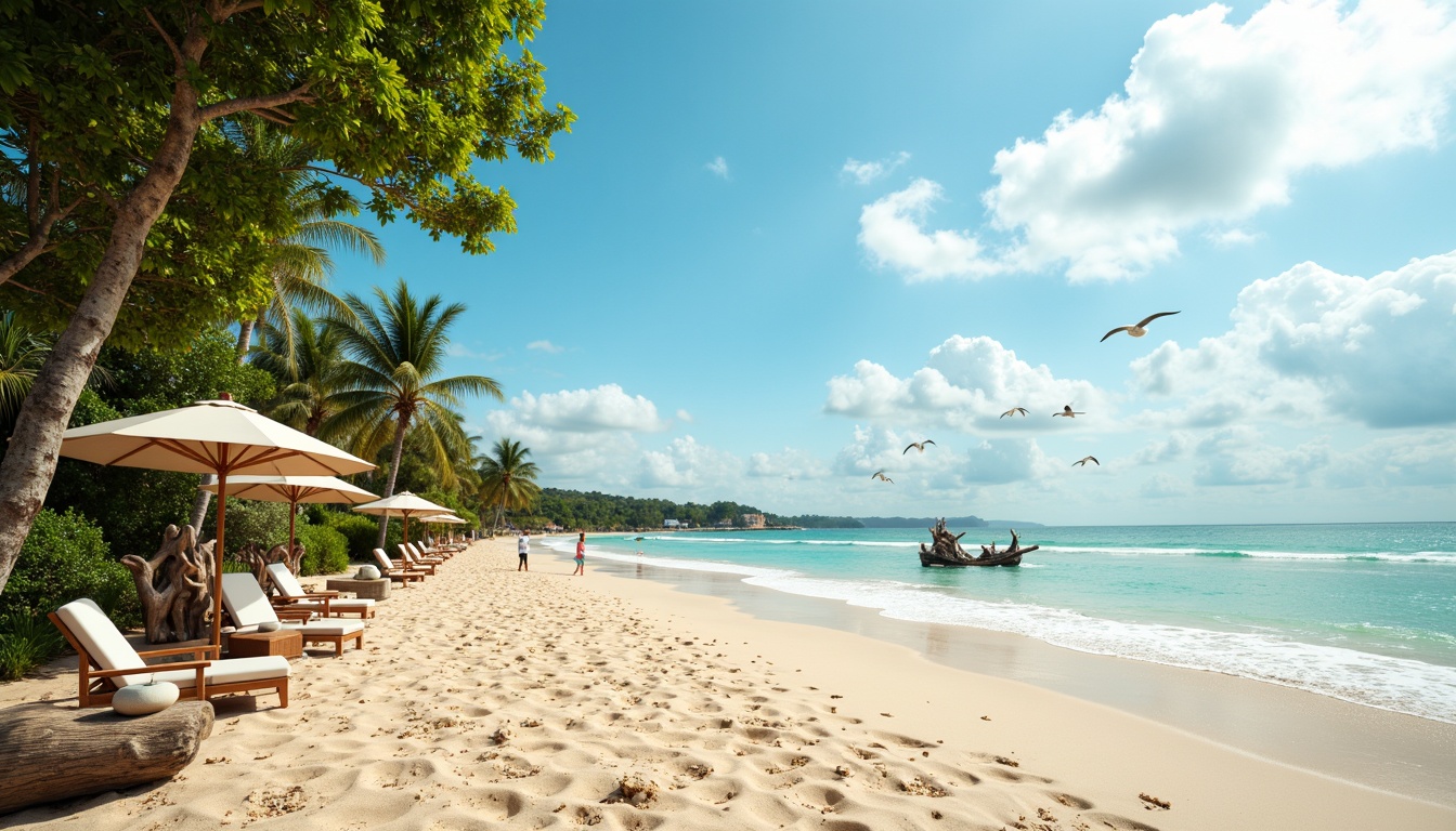 Prompt: Serene beach scene, warm sandy shores, clear turquoise waters, gentle ocean waves, seagulls flying overhead, beach chairs and umbrellas, driftwood sculptures, tropical palm trees, salty sea air, soft warm lighting, shallow depth of field, 1/1 composition, realistic textures, ambient occlusion, calming blue-green color palette, earthy tones, weathered wood accents, vibrant coral hues, ocean-inspired patterns.