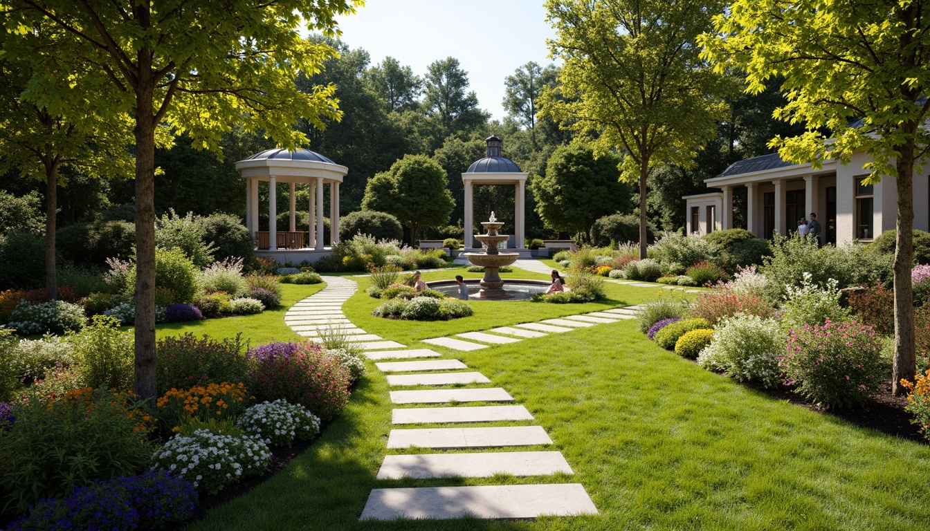 Prompt: Lush green lawns, vibrant flowerbeds, meandering stone pathways, rustic wooden benches, serene water features, ornate fountains, colorful blooms, naturalistic rock formations, artistic topiaries, elegant pergolas, soft warm lighting, shallow depth of field, 3/4 composition, panoramic view, realistic textures, ambient occlusion.