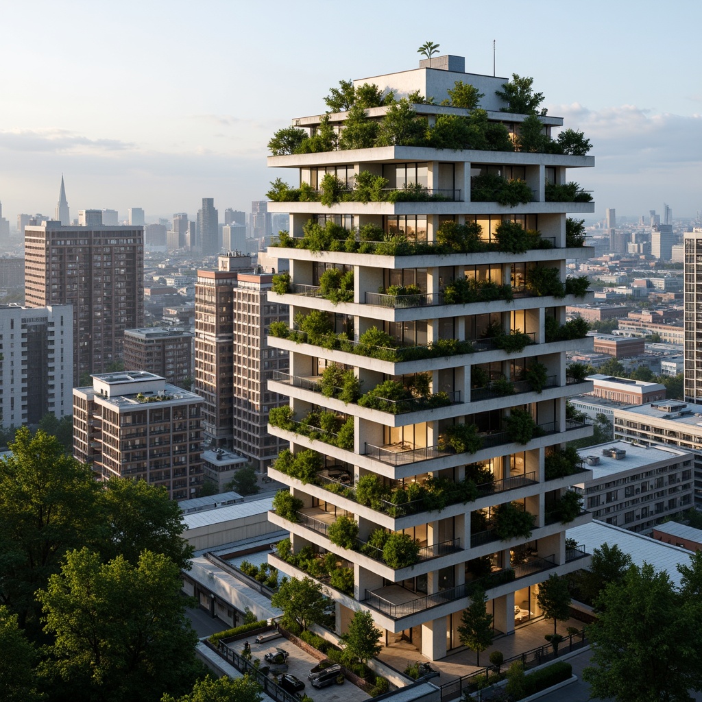 Prompt: Eco-friendly skyscraper, verdant green roofs, solar panels, wind turbines, rainwater harvesting systems, recycled materials, low-carbon footprint, minimalist design, natural ventilation, optimized energy efficiency, double-glazed windows, insulated walls, urban garden, rooftop terraces, panoramic city views, warm ambient lighting, soft shadows, 1/2 composition, atmospheric perspective, realistic textures, subtle color palette.