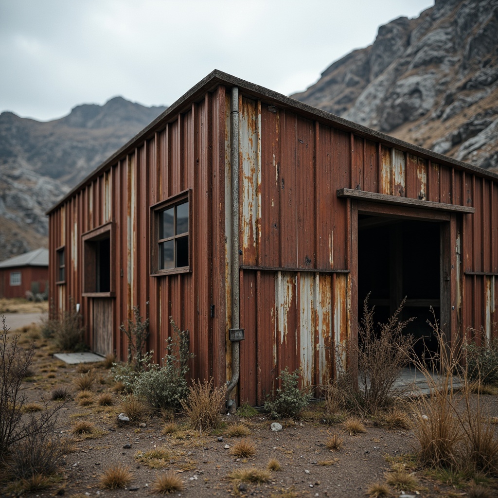 Prompt: Rustic corrugated iron, weathered metal surface, distressed texture, industrial aesthetic, earthy tones, rugged landscape, abandoned factory setting, overcast sky, soft diffused lighting, shallow depth of field, 1/1 composition, realistic reflections, ambient occlusion.