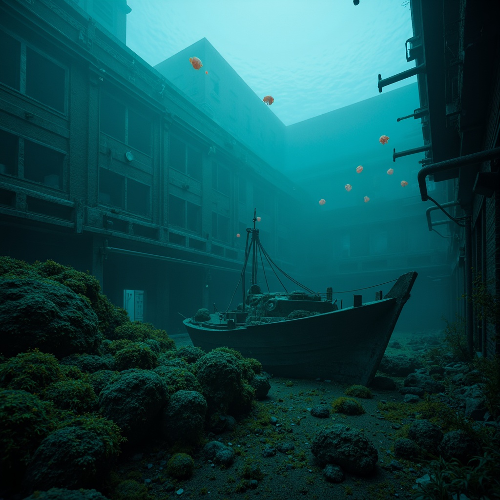 Prompt: Mysterious underwater scene, dark cyan hues, eerie bioluminescent creatures, glowing jellyfish, abandoned shipwreck, rusty metal debris, seaweed-covered rocks, misty ocean atmosphere, soft blue-green lighting, shallow depth of field, 1/2 composition, cinematic mood, realistic water textures, subtle ambient occlusion.