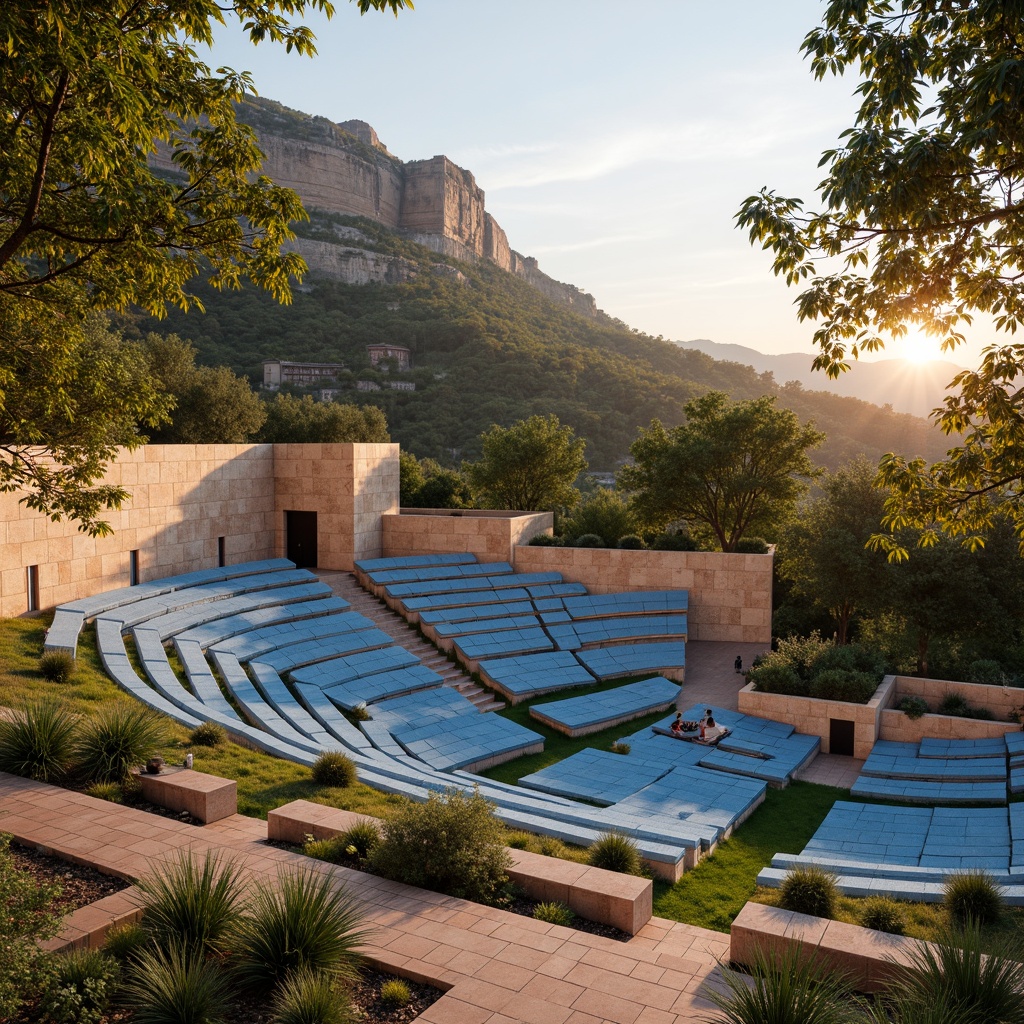 Prompt: Vibrant outdoor amphitheater, gradient blue seats, warm beige stone walls, lush green grassy slopes, natural wood accents, earthy terracotta flooring, soft golden lighting, sunset-inspired color palette, gentle misting system, panoramic views, 3/4 composition, realistic textures, ambient occlusion.