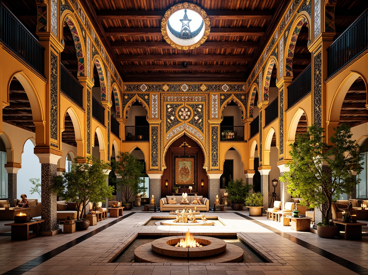 Prompt: Intricate Islamic-inspired arches, ornate Moorish tiles, vibrant colorful textiles, geometric mosaic patterns, Moroccan riad architecture, symmetrical compositions, bold black outlines, intricate star shapes, luxurious golden accents, lavish decorative elements, opulent materials, rich cultural heritage, ancient architectural influences, mystical spiritual symbolism, warm ambient lighting, shallow depth of field, 1/1 composition, realistic textures, ambient occlusion.