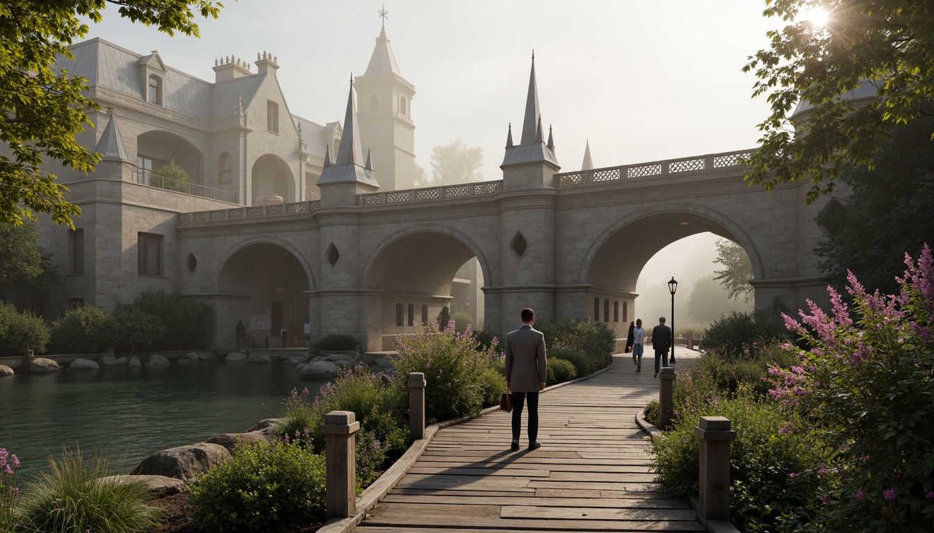 Prompt: Majestic bridge, ornate ironwork, curved arches, rustic stone piers, weathered wooden planks, misty morning fog, serene river waters, lush greenery, vibrant flowers, soft warm lighting, shallow depth of field, 3/4 composition, panoramic view, realistic textures, ambient occlusion, intricate stonework, Gothic-inspired spires, grand entranceways, ornamental lamp posts, delicate filigree details, richly toned wood accents, subtle color palette, whimsical atmosphere.