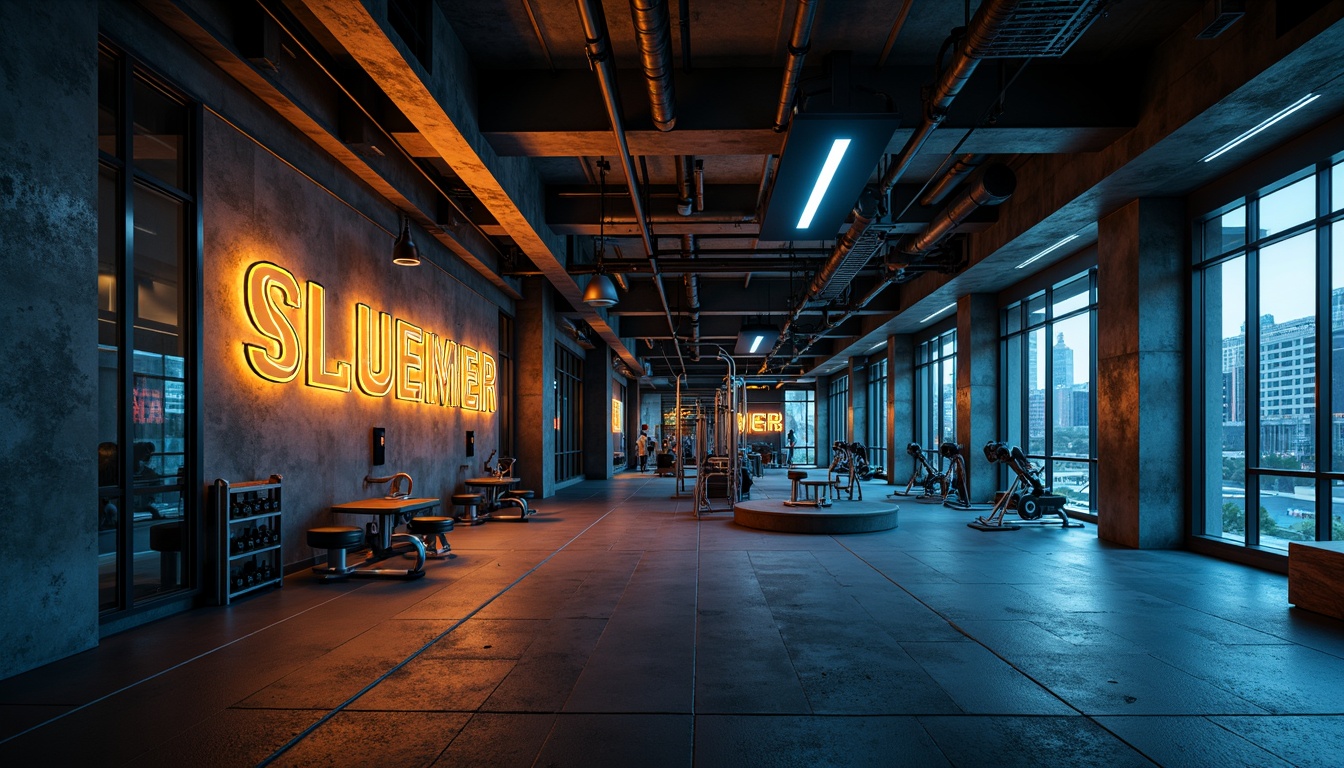 Prompt: Industrial fitness club, brutalist architecture, exposed concrete walls, steel beams, minimalist interior, neon-lit signage, mirrored ceilings, polished metal equipment, rubber flooring, LED lighting strips, urban cityscape, nighttime atmosphere, shallow depth of field, 1/1 composition, realistic textures, ambient occlusion.