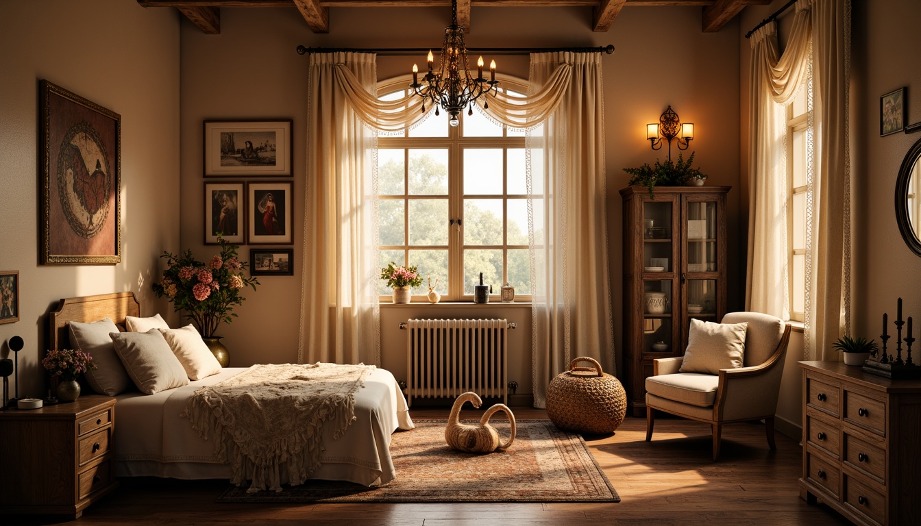 Prompt: Whimsical boudoir, soft velvety drapes, flowing silk curtains, delicate lace trimmings, ornate wooden shutters, distressed finishes, vintage hardware, romantic candlelight, warm golden hues, plush area rugs, luxurious fabrics, billowy sheers, subtle patterns, elegant folds, dramatic swags, opulent tassels, lavish trims, intimate ambiance, cozy nooks, relaxing atmosphere, soft focus, warm color palette, 1/2 composition, shallow depth of field.