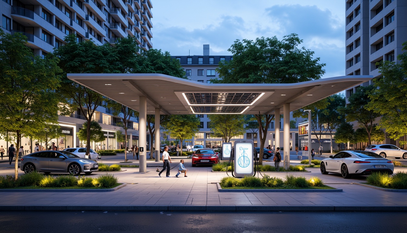 Prompt: Futuristic charging station, sleek metal canopy, solar panels, green roofs, eco-friendly materials, minimalist design, angular lines, modernist architecture, vibrant neon lights, urban cityscape, busy streets, electric vehicles, futuristic cars, autonomous driving, innovative technology, clean energy solutions, sustainable infrastructure, natural stone flooring, glass walls, open spaces, shallow depth of field, 3/4 composition, panoramic view, realistic textures, ambient occlusion.