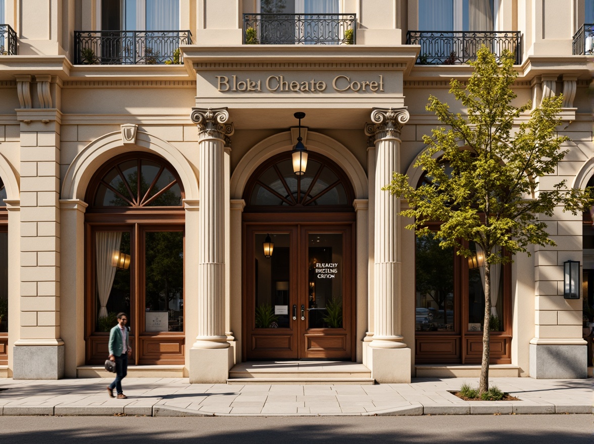 Prompt: Elegant coffee shop facade, neoclassical architecture style, symmetrical composition, ornate details, grand entrance, arched windows, Corinthian columns, cream-colored stone walls, subtle rustication, decorative pilasters, ornamental pediment, rich wood accents, bronze door handles, vintage-inspired signage, soft warm lighting, inviting atmosphere, urban street context, morning sunlight, shallow depth of field, 1/2 composition, realistic textures, ambient occlusion.