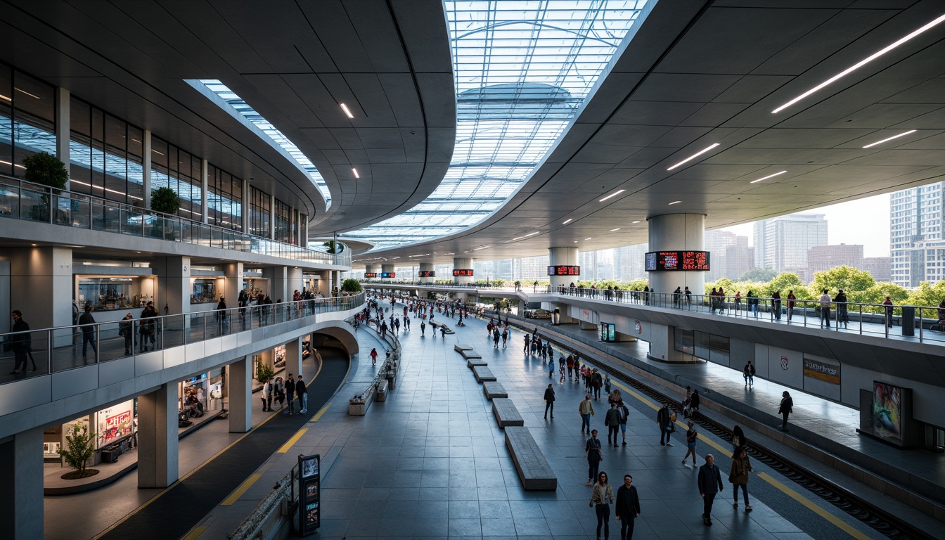 Prompt: Sleek transportation hubs, curved streamline architecture, modern metallic materials, polished chrome accents, futuristic LED lighting, dynamic fluid shapes, aerodynamic lines, high-speed rail networks, bustling urban centers, morning rush hour atmosphere, soft natural light, shallow depth of field, 1/2 composition, panoramic view, realistic reflections, ambient occlusion.