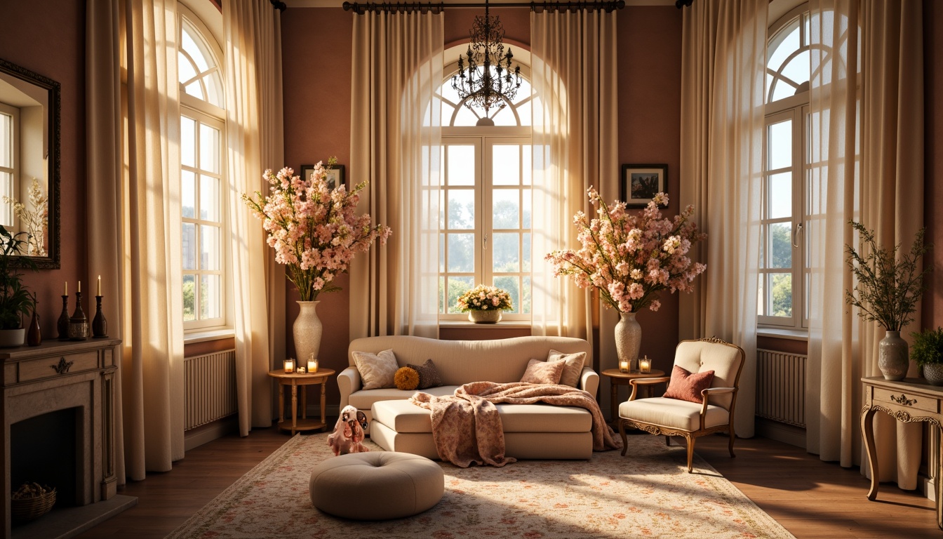 Prompt: Whimsical boudoir, soft candlelight, flowing silk drapes, delicate lace curtains, romantic florals, pastel color palette, ornate metalwork, distressed wood accents, plush velvet fabrics, intimate seating areas, floor-to-ceiling windows, sheer billowy treatments, layered tulle panels, warm golden lighting, shallow depth of field, 1/1 composition, soft focus effect, realistic textures, ambient occlusion.