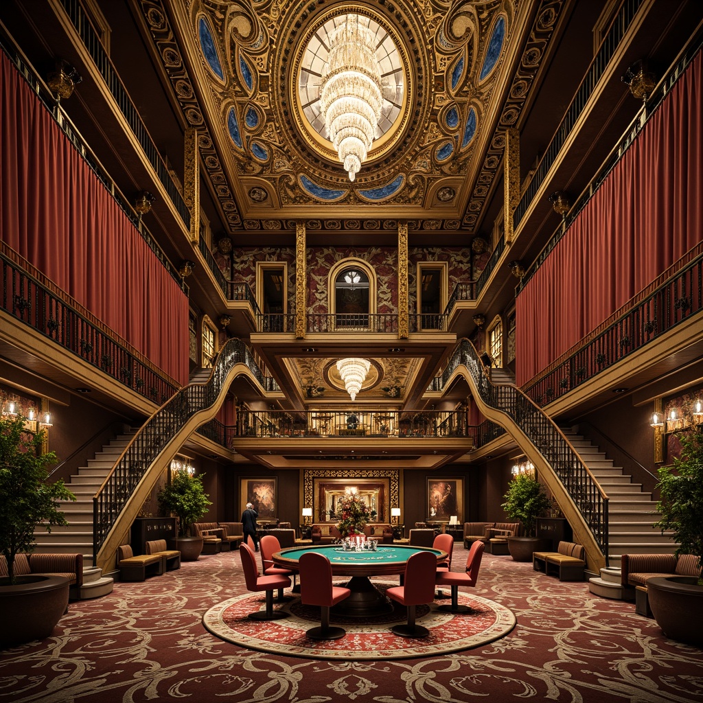 Prompt: Luxurious casino interior, intricate Art Nouveau patterns, ornate metalwork, sweeping curved lines, organic motifs, flowing tendrils, golden accents, rich jewel tones, velvet drapes, crystal chandeliers, elaborate mosaics, grand staircases, lavish furnishings, opulent textiles, soft warm lighting, dramatic shadows, 1/1 composition, cinematic framing, high-contrast rendering, detailed textures, realistic reflections.