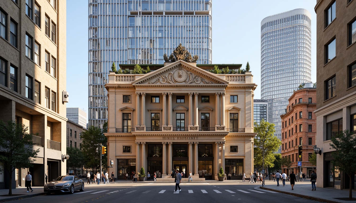 Prompt: Historic courthouse building, neoclassical facade, grand entrance, ornate columns, symmetrical composition, urban cityscape, bustling streets, pedestrian traffic, modern skyscrapers, glass and steel high-rises, vibrant street art, eclectic mix of old and new architecture, warm golden lighting, shallow depth of field, 1/1 composition, realistic textures, ambient occlusion.