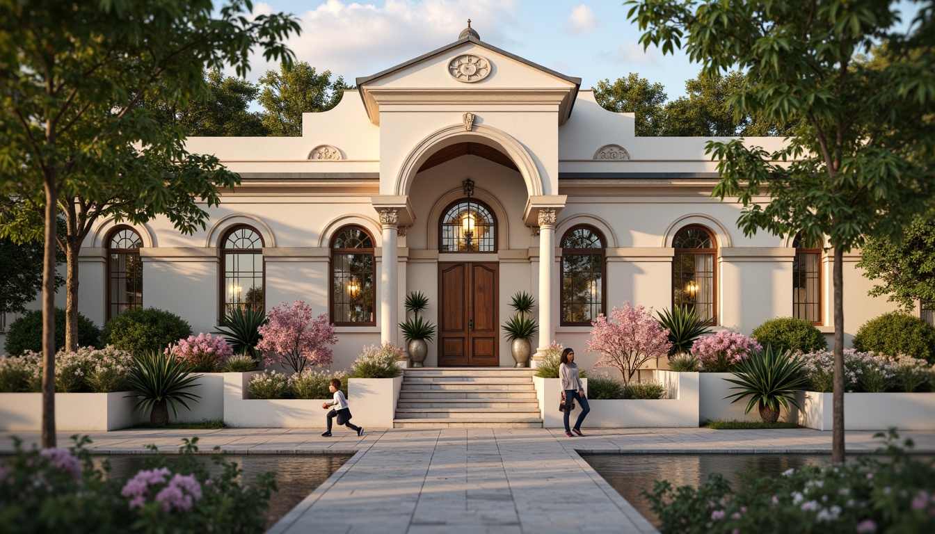 Prompt: Whimsical clinic facade, ornate Victorian details, soft pastel colors, delicate filigree patterns, grand entrance archways, elegant columns, intricate stonework, lush greenery, blooming flowers, natural stone walls, stained glass windows, warm golden lighting, shallow depth of field, 1/2 composition, romantic atmosphere, realistic textures, ambient occlusion.