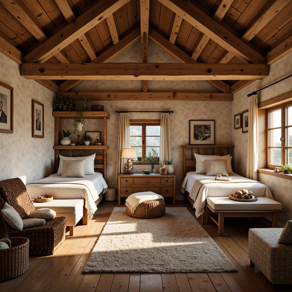 Prompt: Cozy dormitory, rustic wooden accents, earthy color palette, natural stone walls, pitched roofs, vintage furniture, warm beige tones, soft cream hues, distressed wood textures, woven baskets, plush area rugs, eclectic decorative items, softbox lighting, 1/1 composition, intimate atmosphere, relaxed ambiance, morning sunlight, gentle shadows.