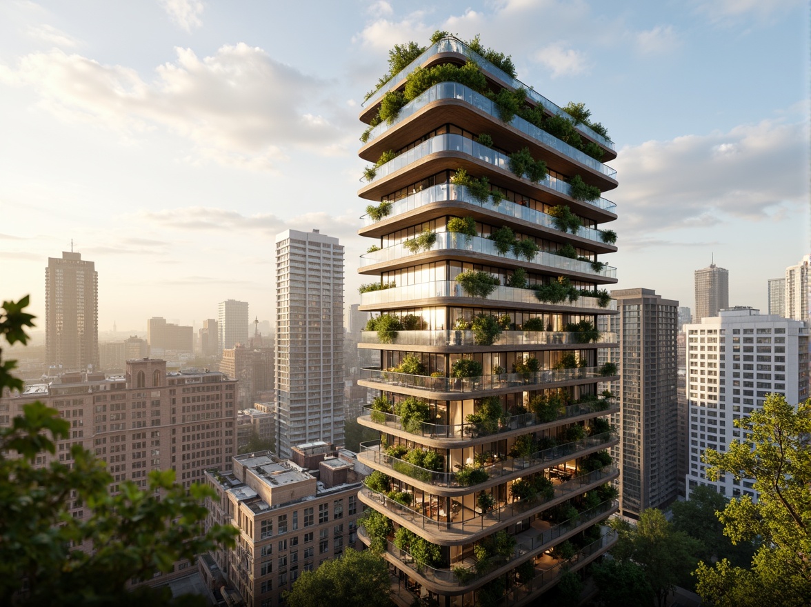 Prompt: Eco-friendly skyscraper, green roofs, solar panels, wind turbines, rainwater harvesting systems, recycled materials, energy-efficient fa\u00e7ades, natural ventilation systems, open-air atriums, living walls, urban agriculture, bamboo flooring, reclaimed wood accents, minimalist decor, optimized floor plans, cantilevered structures, panoramic city views, soft warm lighting, shallow depth of field, 3/4 composition, realistic textures, ambient occlusion.