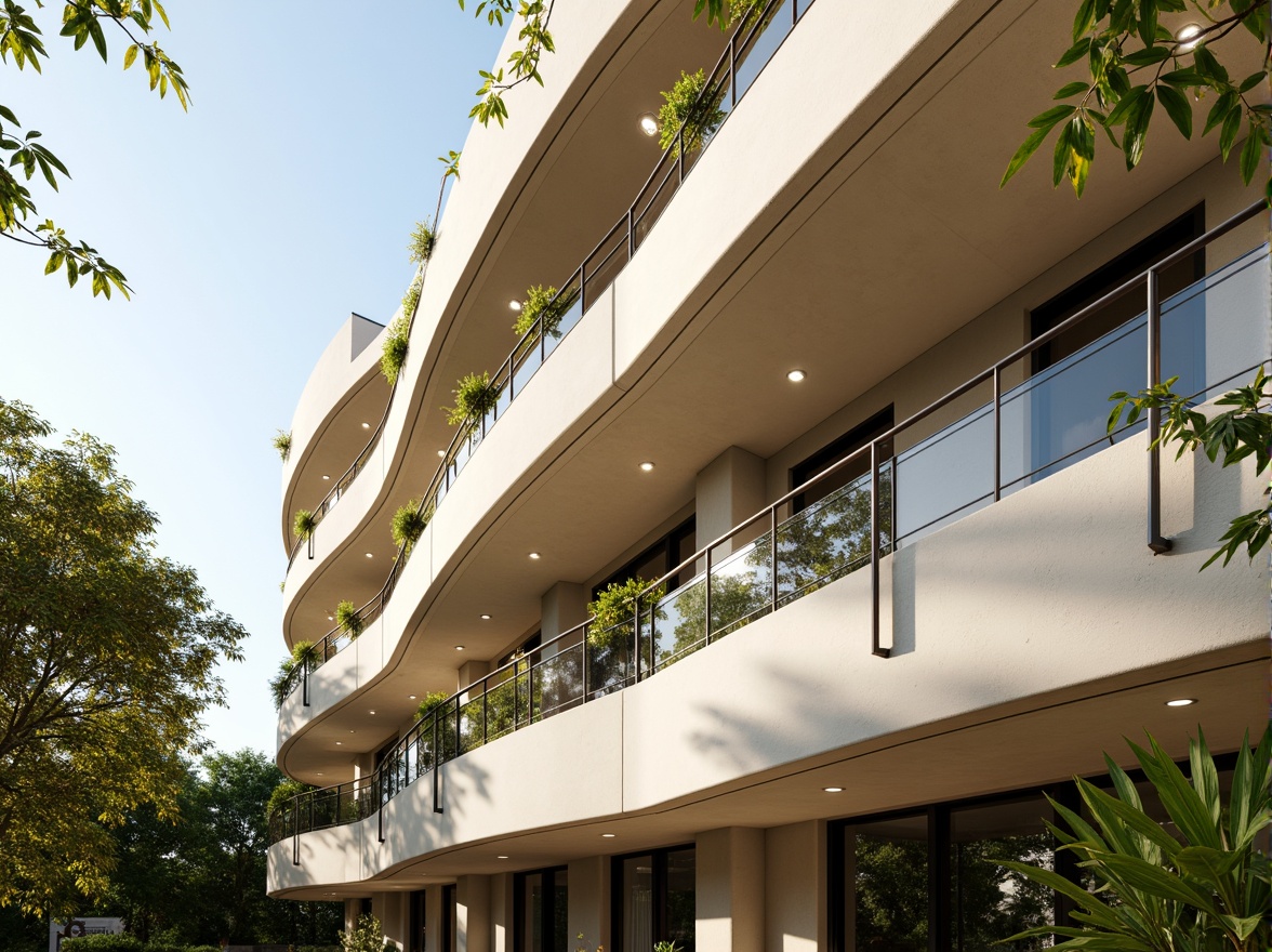 Prompt: Curved building facade, Art Deco inspirations, metallic materials, chrome accents, horizontal lines, rounded corners, minimalist ornamentation, cream-colored walls, large windows, sliding glass doors, Juliet balconies, ornate metal railings, lush greenery, tropical plants, sunny day, soft warm lighting, shallow depth of field, 3/4 composition, panoramic view, realistic textures, ambient occlusion.