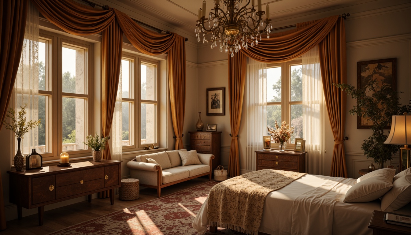 Prompt: Whimsical boudoir, soft velvety drapes, flowing silk curtains, delicate lace trimmings, ornate wooden shutters, distressed finishes, vintage hardware, romantic candlelight, warm golden hues, plush area rugs, luxurious fabrics, billowy sheers, subtle patterns, elegant folds, dramatic swags, opulent tassels, lavish trims, intimate ambiance, cozy nooks, relaxing atmosphere, soft focus, warm color palette, 1/2 composition, shallow depth of field.