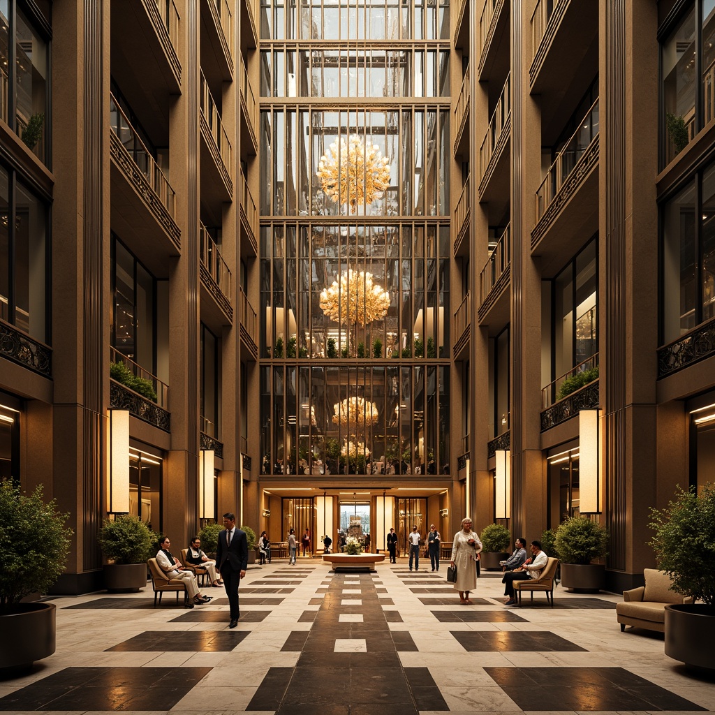 Prompt: Glamorous office building, ornate Art Deco facade, geometric patterns, metallic accents, grand entrance, revolving doors, polished marble lobby, luxurious chandeliers, high ceilings, large windows, vertical lines, symmetrical composition, warm golden lighting, shallow depth of field, 1/2 composition, realistic textures, ambient occlusion.