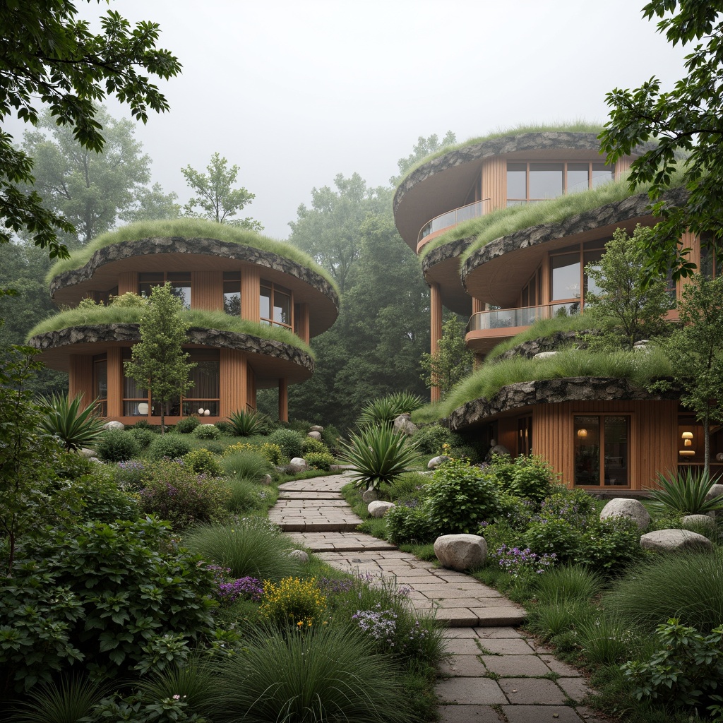 Prompt: Seamless blend of building and nature, organic curves, lush green roofs, native plant species, meandering walkways, natural stone walls, wooden accents, earthy color palette, soft diffused lighting, misty atmosphere, shallow depth of field, 1/1 composition, intimate scale, serene ambiance, eco-friendly materials, sustainable design principles, minimal visual impact, harmonious coexistence.