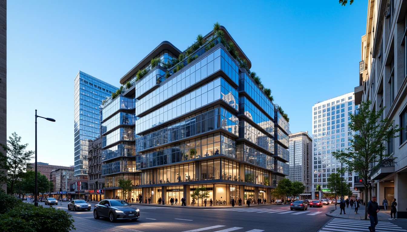 Prompt: Contemporary office building, sleek glass facades, reflective surfaces, minimalist design, angular lines, modern architecture, urban cityscape, busy streets, vibrant streetlights, clear blue sky, sunny day, shallow depth of field, 3/4 composition, panoramic view, realistic textures, ambient occlusion.