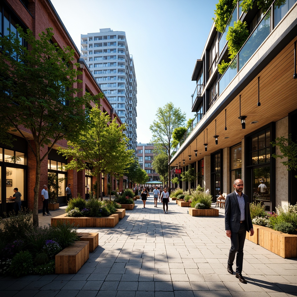 Prompt: Vibrant market square, bustling street life, eclectic fusion architecture, modern glass canopies, exposed steel beams, reclaimed wood accents, lush green walls, hanging planters, natural stone flooring, dynamic LED lighting, warm sunny day, shallow depth of field, 3/4 composition, panoramic view, realistic textures, ambient occlusion, outdoor seating areas, wooden benches, metal lanterns, urban landscaping, pedestrian-friendly pathways.