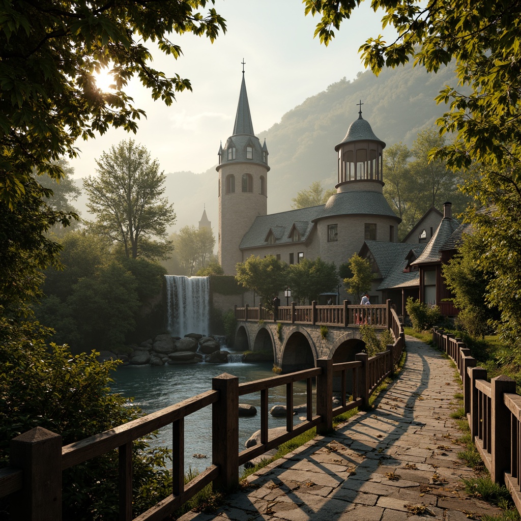 Prompt: Rustic stone bridges, ornate iron railings, curved arches, Gothic-inspired towers, misty waterfalls, lush green forests, serene riverside, warm golden lighting, soft focus, shallow depth of field, 1/2 composition, atmospheric perspective, realistic textures, ambient occlusion, intricate stonework, weathered wooden planks, moss-covered stones, delicate ivy vines, whimsical lanterns, romantic-era inspired architecture, nostalgic ambiance.