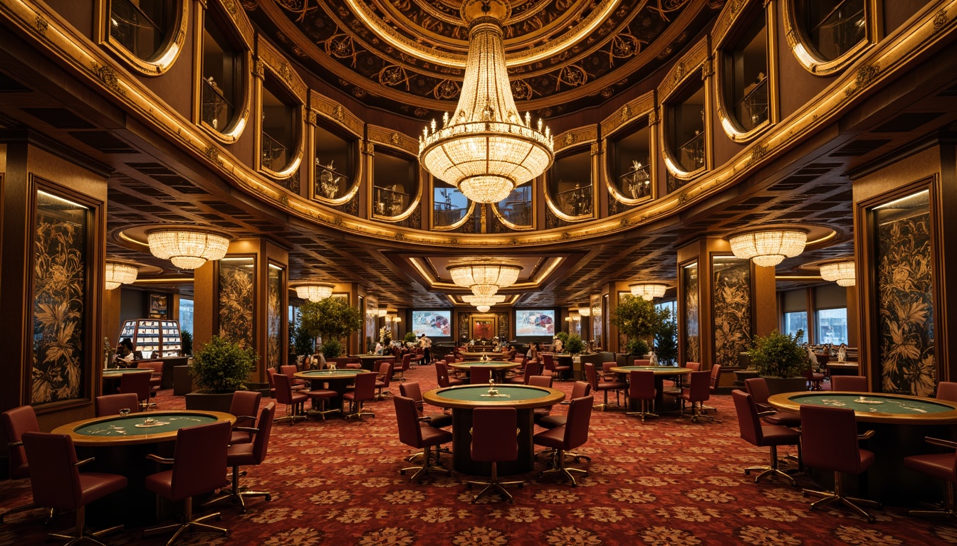 Prompt: Opulent casino, Art Nouveau ornaments, intricate ironwork, grand chandeliers, luxurious velvet fabrics, ornate mirrors, curved lines, flowing patterns, gilded accents, lavish furnishings, majestic columns, high ceilings, dramatic lighting, warm golden tones, soft focus, shallow depth of field, 1/2 composition, atmospheric ambiance, detailed textures.